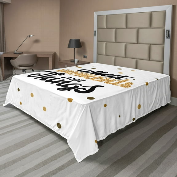 Ambesonne Saying Flat Sheet, Yellow Golden Polka Dots, Queen Size, White and Pastel Brown