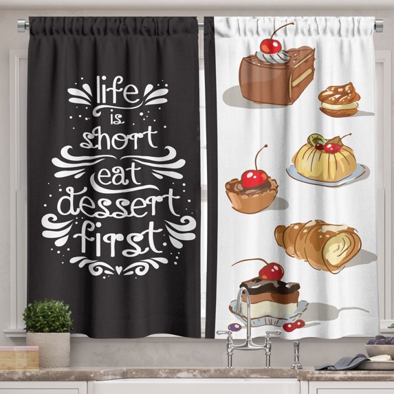 Ambesonne Saying Kitchen Curtains, Eat Dessert First Patisserie, 55"x39", Multicolor