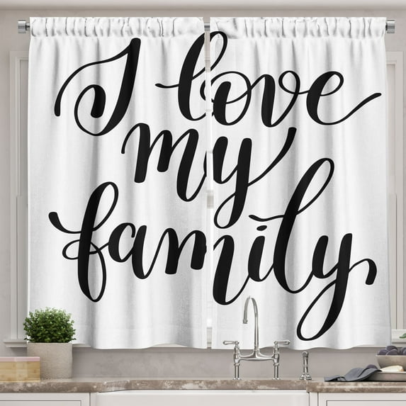 Ambesonne Saying Kitchen Curtains, I Love My Theme Calligraphy, 55"x39", Black and White