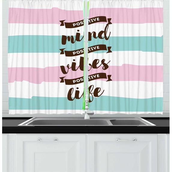 Ambesonne Saying Kitchen Curtains, Positive Mind Vibes Life Art, 55"x45", Pale Pink Pale Seafoam