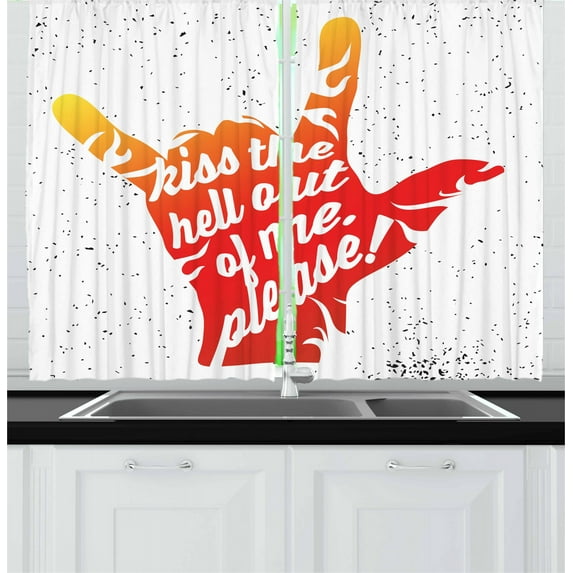 Ambesonne Saying Kitchen Curtains, Rockn Roll Dots, 55"x45", Vermilion Orange Black