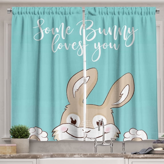 Ambesonne Saying Kitchen Curtains, Some Bunny Loves You, 55"x45", Pale Blue Tan and White