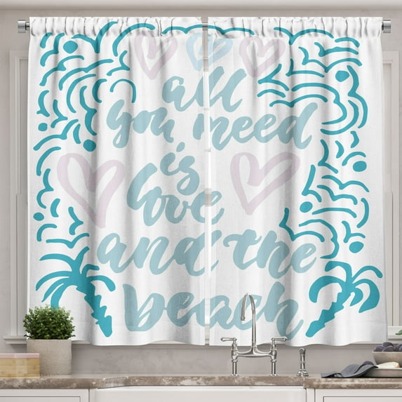 Ambesonne Saying Kitchen Curtains, Wavy Lines Nautical Love, 55"x45", Pale Pink Pale Blue
