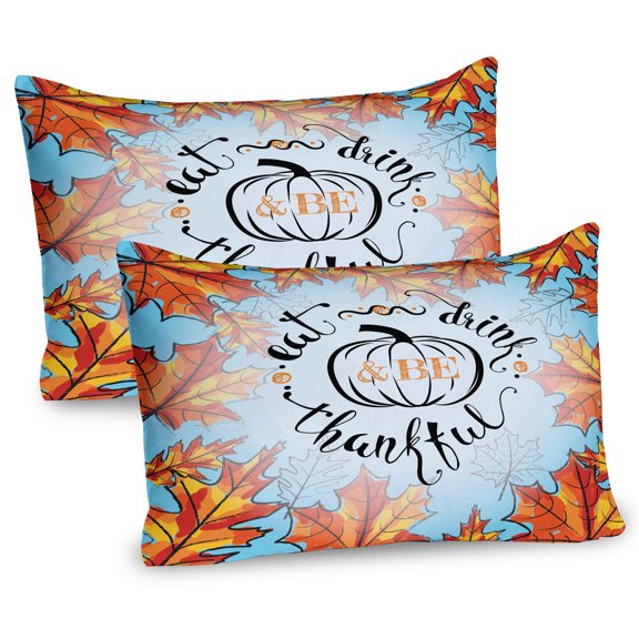 Ambesonne Saying Pillow Sham 2 Pack, Eat Drink Be Thankful, 26"x20", Dark Orange Sky Blue