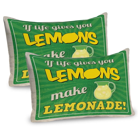 Ambesonne Saying Pillow Sham 2 Pack, If Life Gives You Lemon, 26"x20", Green Yellow and Tan