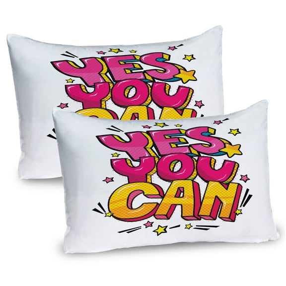 Ambesonne Saying Pillow Sham 2 Pack, Yes You Can Word Bubble, 26"x20", Hot Pink Yellow and Blue