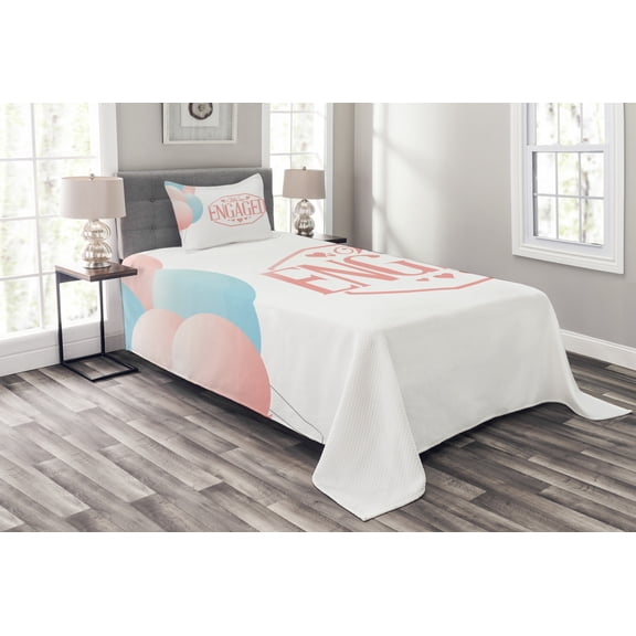 Ambesonne Saying Quilted Bedspread Set 2 Pcs, Engagement Text, Twin Size, Pale Pink and Blue