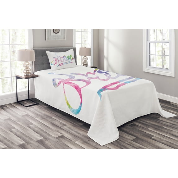 Ambesonne Saying Quilted Bedspread Set 2 Pcs, Happiness Youth Themes, Twin Size, Multicolor
