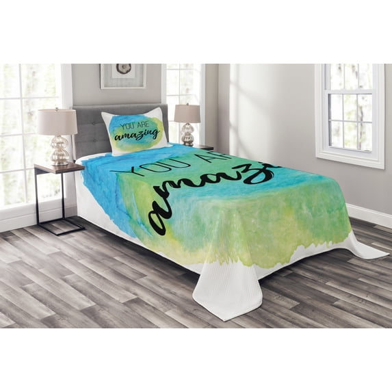 Ambesonne Saying Quilted Bedspread Set 2 Pcs, Inspiratonal Watercolor, Twin Size, Sky Blue Green