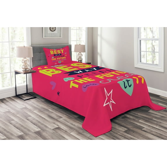 Ambesonne Saying Quilted Bedspread Set 2 Pcs, Typography, Twin Size, Dark Coral Multicolor