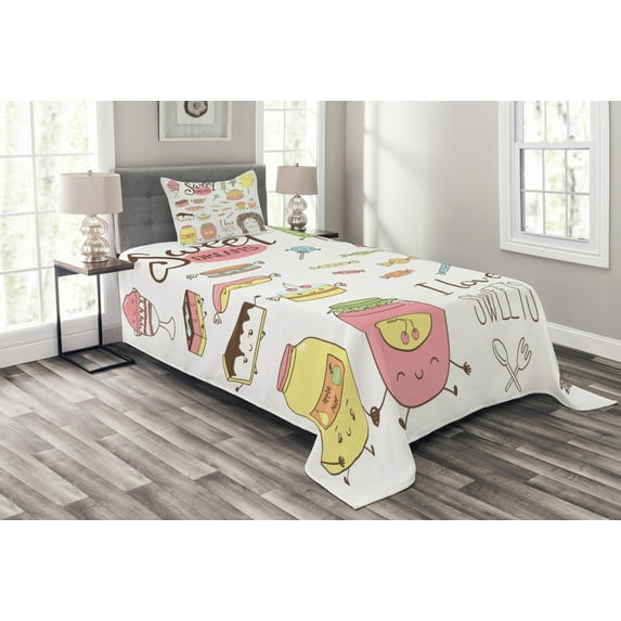 Ambesonne Saying Quilted Bedspread Set 2 Pcs, Vintage Kawaii Food Pattern, Twin Size, Multicolor