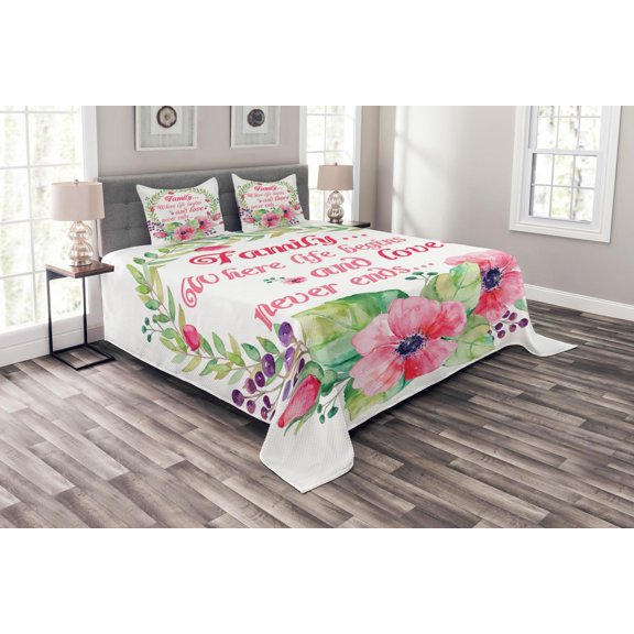 Ambesonne Saying Quilted Bedspread Set 3 Pcs, Family Love Saying Wreath, King Size, Multicolor