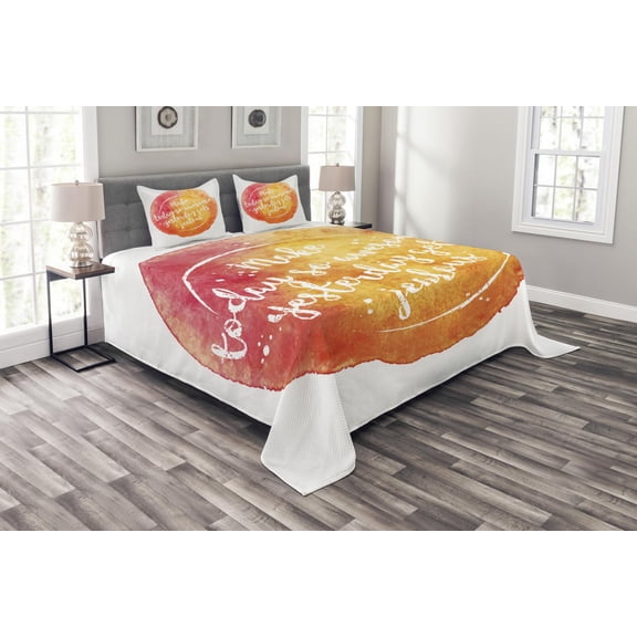 Ambesonne Saying Quilted Bedspread Set 3 Pcs, Grungy Art, Queen Size, Dark Coral Orange Yellow