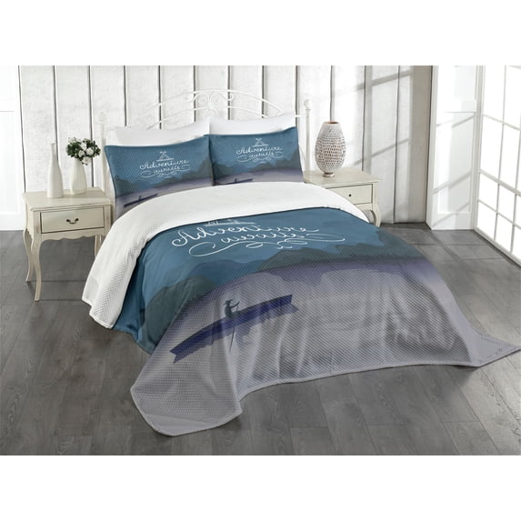 Ambesonne Saying Quilted Bedspread Set 3 Pcs, Kayak in a Lake Adventure, Queen Size, Purple Grey Teal