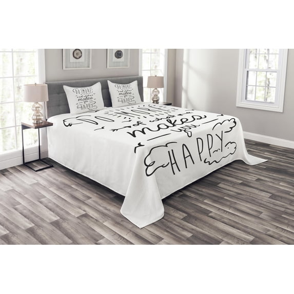 Ambesonne Saying Quilted Bedspread Set 3 Pcs, Positive Attitude Phrase, Queen Size, Black White