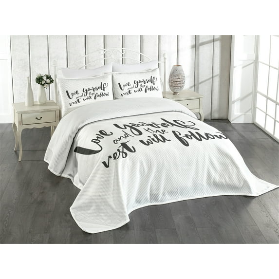 Ambesonne Saying Quilted Bedspread Set 3 Pcs, Self Love Wisdom Words, King Size, Charcoal Grey White