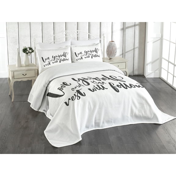 Ambesonne Saying Quilted Bedspread Set 3 Pcs, Self Love Wisdom Words, Queen Size, Charcoal Grey White