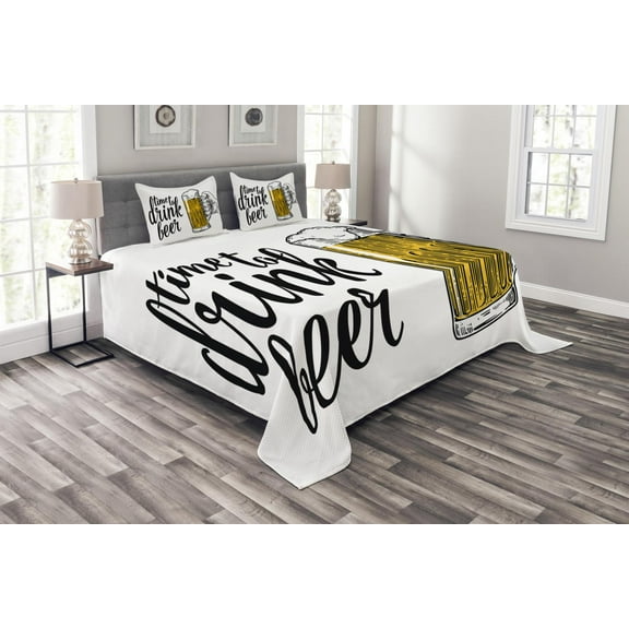 Ambesonne Saying Quilted Bedspread Set 3 Pcs, Time to Drink Beer Man, King Size, Yellow Black