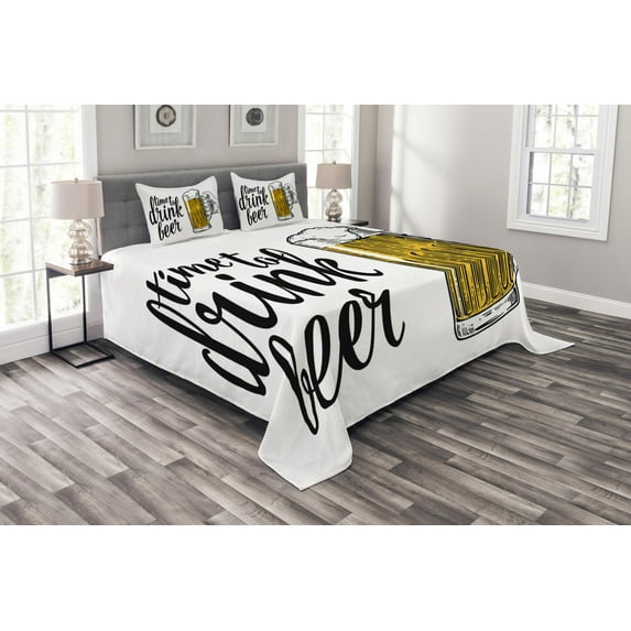 Ambesonne Saying Quilted Bedspread Set 3 Pcs, Time to Drink Beer Man, Queen Size, Yellow Black