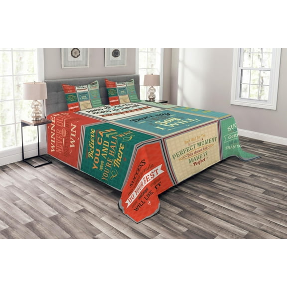 Ambesonne Saying Quilted Bedspread Set 3 Pcs, Uplifting Wise Messages, Queen Size, Beige Green Red