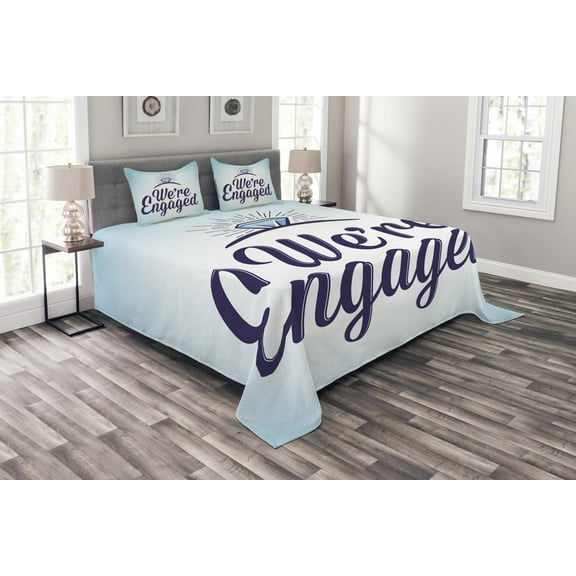 Ambesonne Saying Quilted Bedspread Set 3 Pcs, We Are Engaged, Queen Size, Sky Blue and Navy Blue