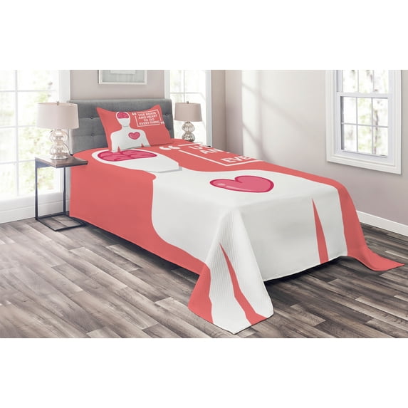Ambesonne Saying Quilted Coverlet 2 Pcs, Human with Words, Twin Size, Coral Dark Pink White