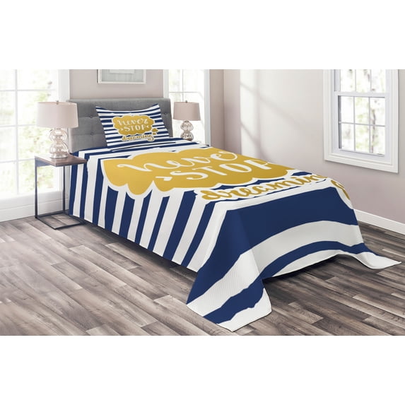 Ambesonne Saying Quilted Coverlet 2 Pcs, Maritime Vintage Navy, Twin Size, Yellow Blue