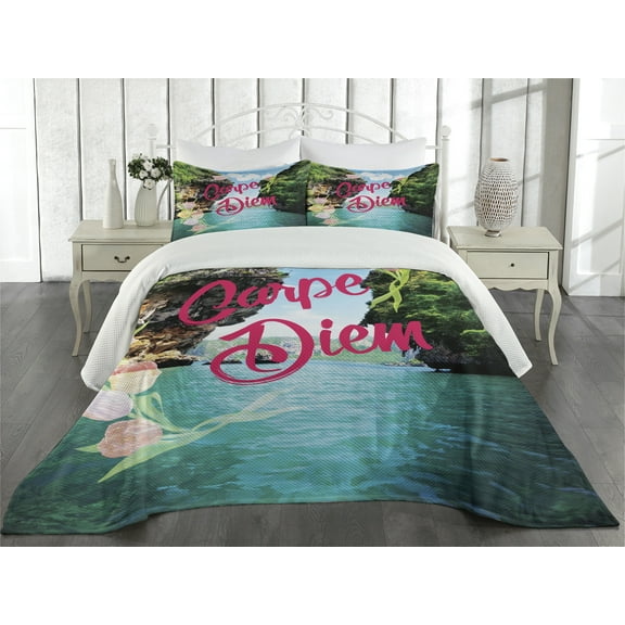 Ambesonne Saying Quilted Coverlet 3 Pcs, Carpe Diem Message, King Size, Multicolor