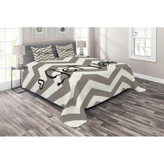 Ambesonne Saying Quilted Coverlet 3 Pcs, Get Naked Heart Zig Zag, Queen Size, Taupe Cream Black