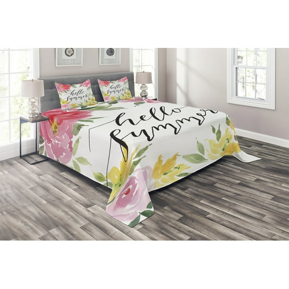 Ambesonne Saying Quilted Coverlet 3 Pcs, Hand Lettering Summer, Queen Size, Multicolor