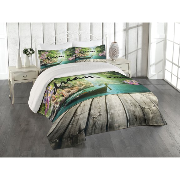 Ambesonne Saying Quilted Coverlet 3 Pcs, Idyllic Themed Boat, King Size, Multicolor