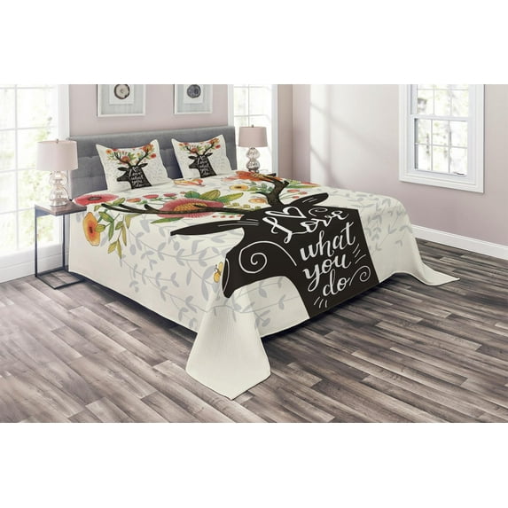 Ambesonne Saying Quilted Coverlet 3 Pcs, Love What You Do Lettering, Queen Size, Multicolor Pink