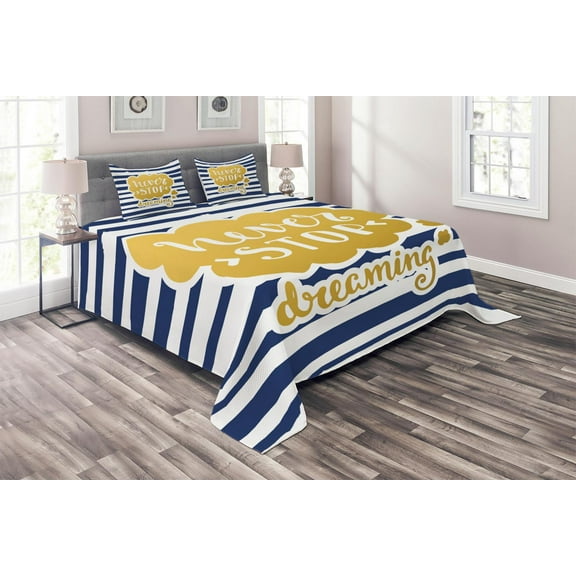 Ambesonne Saying Quilted Coverlet 3 Pcs, Maritime Vintage Navy, Queen Size, Yellow Blue