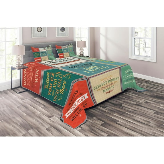 Ambesonne Saying Quilted Coverlet 3 Pcs, Uplifting Wise Messages, King Size, Beige Green Red