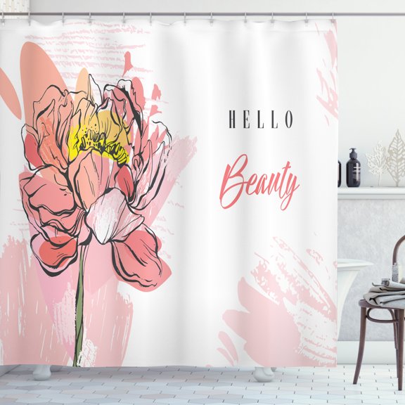 Ambesonne Saying Shower Curtain, Hello Beauty Peony Blossom, 69"Wx84"L, Multicolor