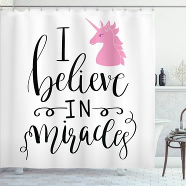 Ambesonne Saying Shower Curtain, I Beleive in Miracles Text, 69"Wx70"L, Pink Charcoal Grey White