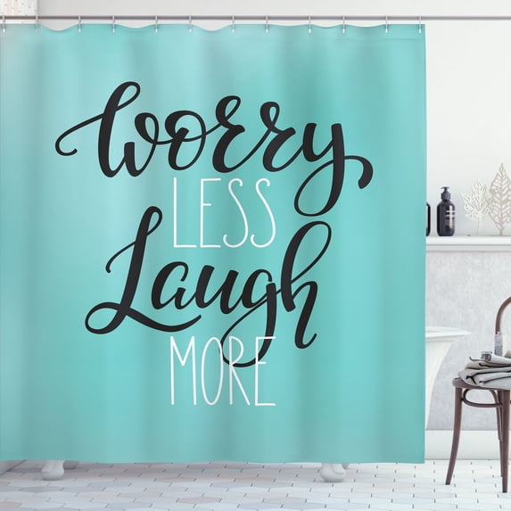 Ambesonne Saying Shower Curtain, Laugh More Worry Less Text, 69"Wx75"L, Pale Blue Charcoal Grey