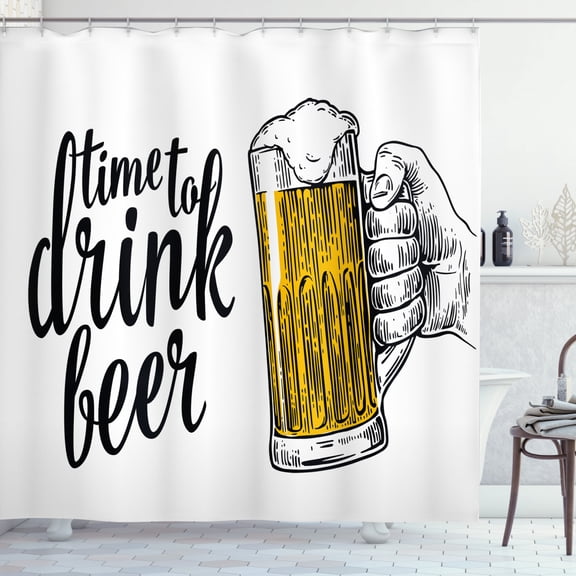 Ambesonne Saying Shower Curtain, Time to Drink Beer Man, 69"Wx70"L, Yellow Black