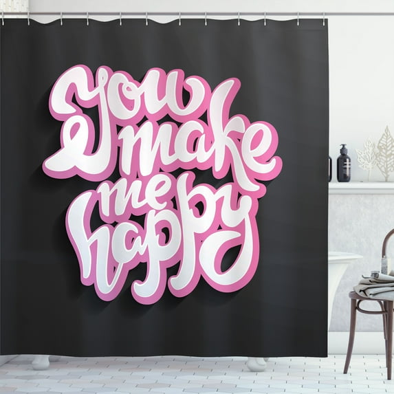 Ambesonne Saying Shower Curtain, You Make Me Happy Brush Text, 69"Wx84"L, Charcoal Grey Pink White