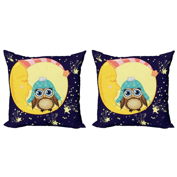 Ambesonne Saying Throw Pillow Cover 2 Pack, Owl and Moon with Hats, 16", Multicolor
