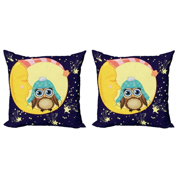 Ambesonne Saying Throw Pillow Cover 2 Pack, Owl and Moon with Hats, 24", Multicolor