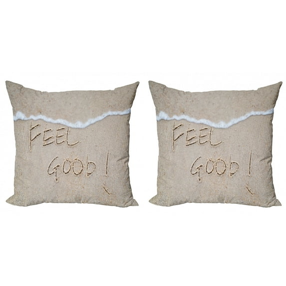 Ambesonne Saying Throw Pillow Cover 2 Pack, Text on Sand Beach Summer, 16", Pale Taupe White