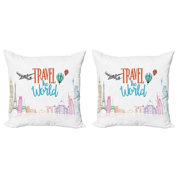 Ambesonne Saying Throw Pillow Cover 2 Pack, Travel World Lettering, 18", Multicolor