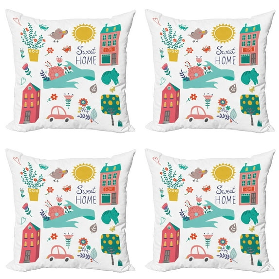 Ambesonne Saying Throw Pillow Cover 4 Pack, Cartoon Flowers and Animals, 16", Multicolor