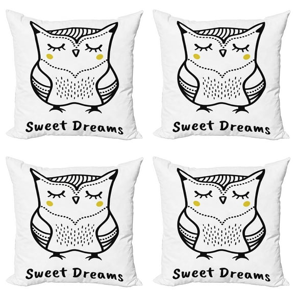 Ambesonne Saying Throw Pillow Cover 4 Pack, Doodle Style Owl, 24", Yellow Black and White