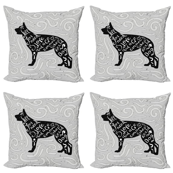 Ambesonne Saying Throw Pillow Cover 4 Pack, German Shepherd Dog Doodle, 18", Pale Grey Black White