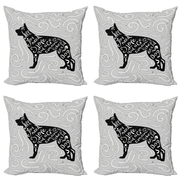 Ambesonne Saying Throw Pillow Cover 4 Pack, German Shepherd Dog Doodle, 20", Pale Grey Black White