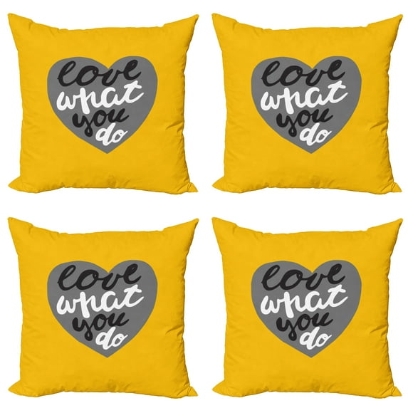 Ambesonne Saying Throw Pillow Cover 4 Pack, Greyscale Heart on Yellow, 18", Mustard Grey