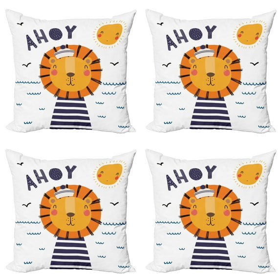 Ambesonne Saying Throw Pillow Cover 4 Pack, Happy Sailor Lion and Ahoy, 16", Multicolor