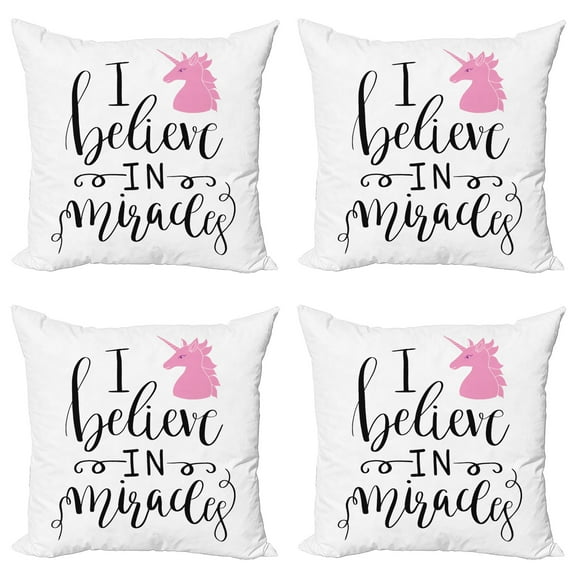 Ambesonne Saying Throw Pillow Cover 4 Pack, I Beleive in Miracles Text, 18", Pink Charcoal Grey White